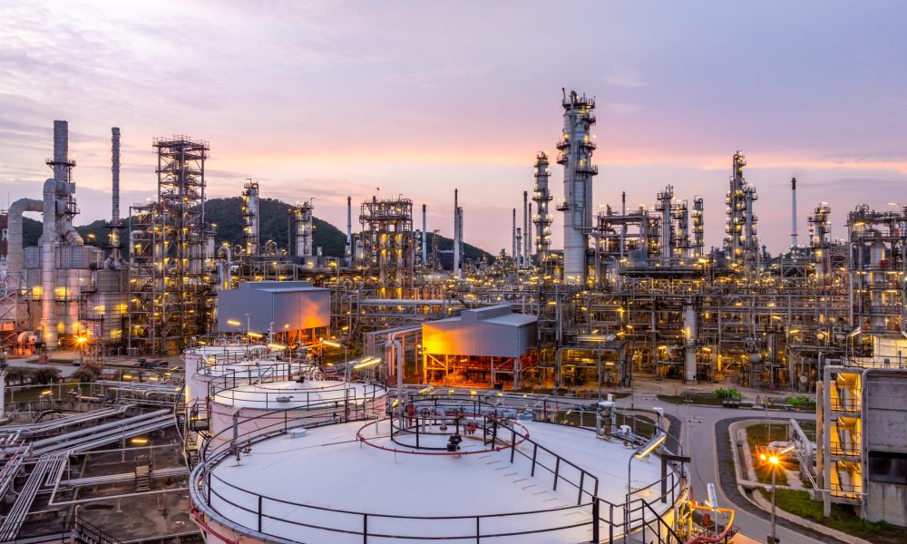 Oil and gas industrial refinery at night, Oil and gas refinery petrochemical plant pipeline steel, Oil and gas refinery factory oil and gas storage tank pipeline steel at night, Global energy refinery